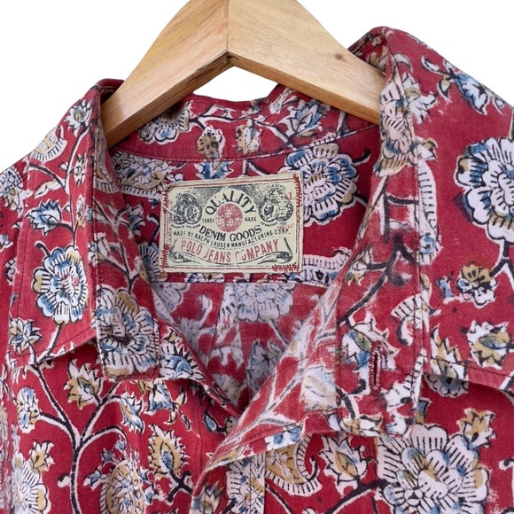 Vintage Ralph Lauren Polo Jeans Co. Quality Denim Goods Print Camp Shirt - Picture 7 of 16